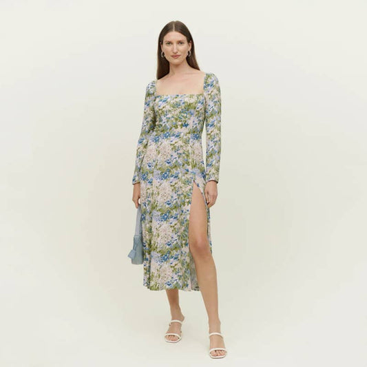 FLORAL PRINT CABLE LONG-SLEEVED SPLIT DRESS