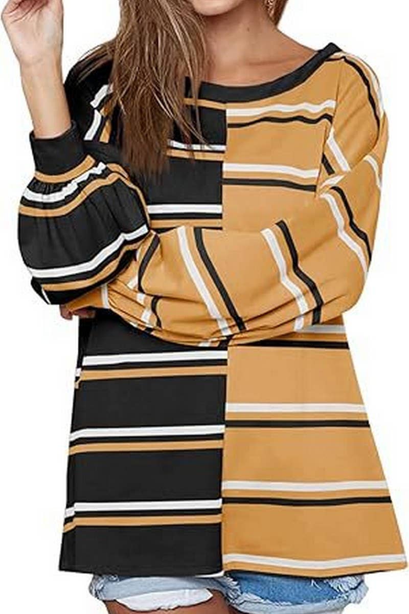 CWTBLL3903_LOOSE CASUAL STRIPED KNIT LONG SLEEVE SWEATSHIRT