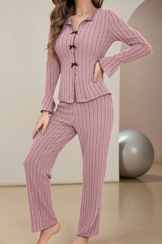 CWSPJ00491_BOW TIE COLLAR LONG SLEEVE TOP AND PANTS SET