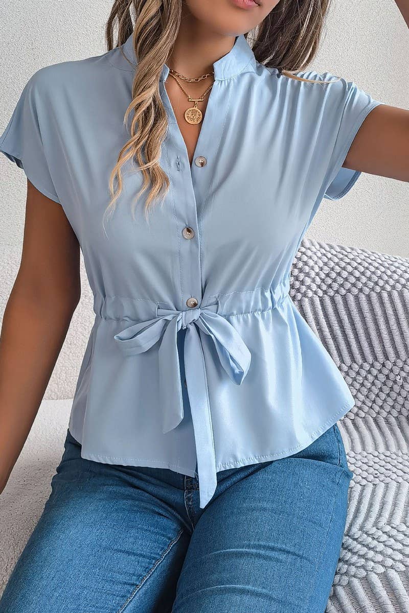 CWTBLS02501_2025 WOMEN V NECK SHORT SLEEVE CHIFFON BLOUSE