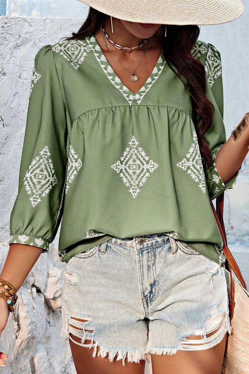 CWTBLS1125_SUMMER PRINTED SEVEN-QUARTER SLEEVE V-NECK TOP