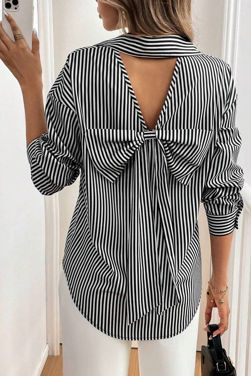 CWTSTL2685_STRIPE PRINT BACK BOW LONG SLEEVE SHIRT