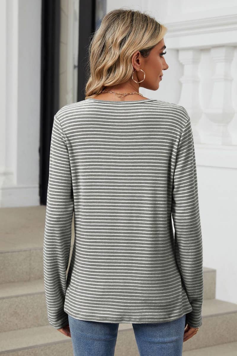 CWTBLL1890_CREW-NECK BUTTON-UP LONG-SLEEVED STRIPED TOP