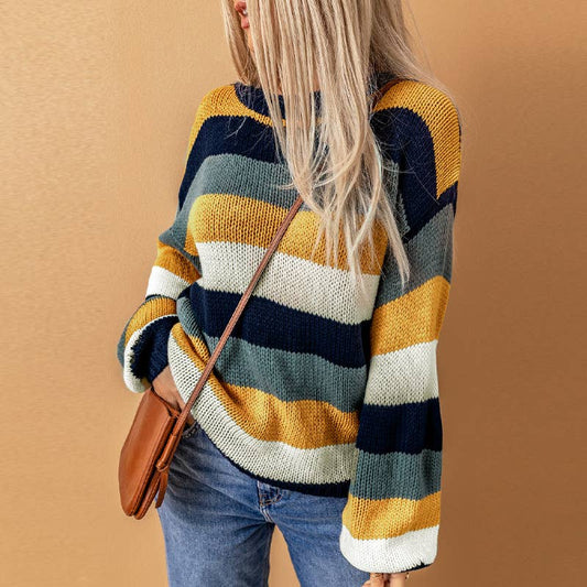 COLOR-CONTRAST STRIPED OFF-SHOULDER SWEATER