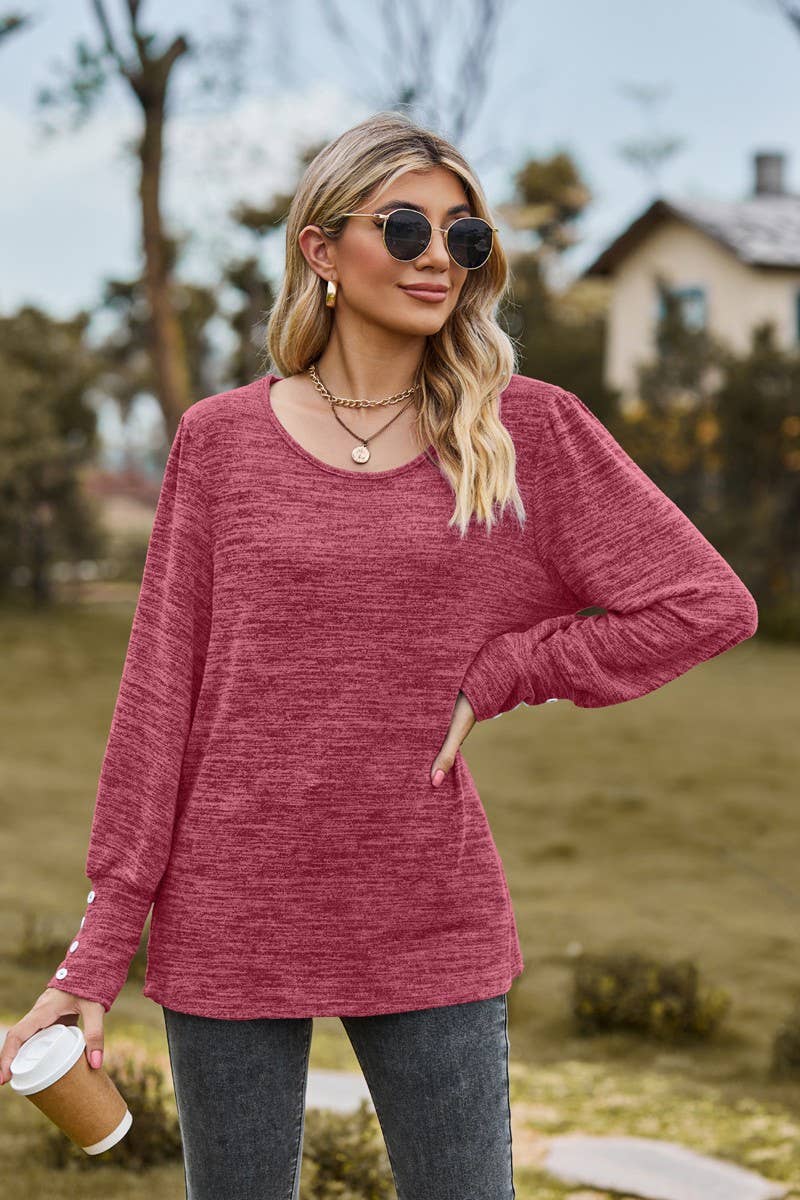 CWTBLL3688_SOLID COLOR ROUND NECK LOOSE CASUAL LONG SLEEVE T