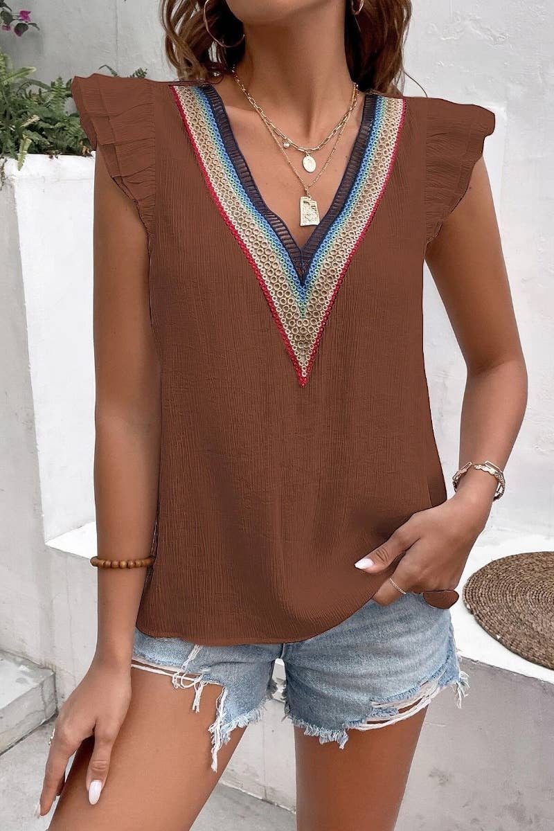 CWTBLSL0245_V-NECK LACE PATCHWORK RUFFLED CASUAL TOP