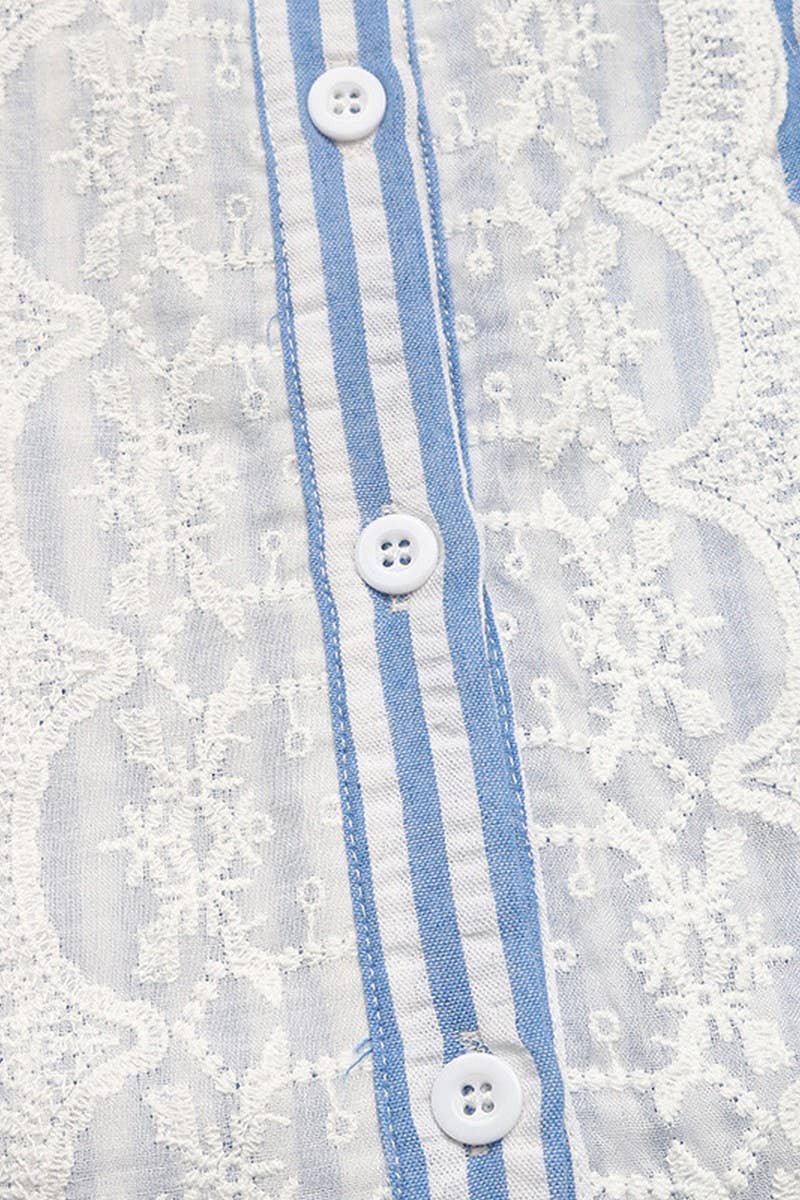 CWTBLS1991_STRIPED LACE TRIM RUFFLE SLEEVE CARDIGAN SHIRT