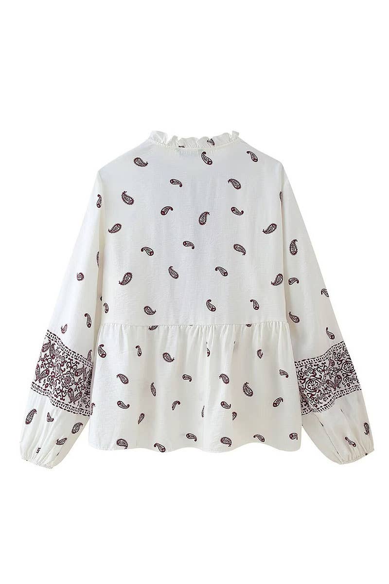 CWTBLL3822_STREET FASHION LACE-UP PRINTED LONG SLEEVE SHIRT
