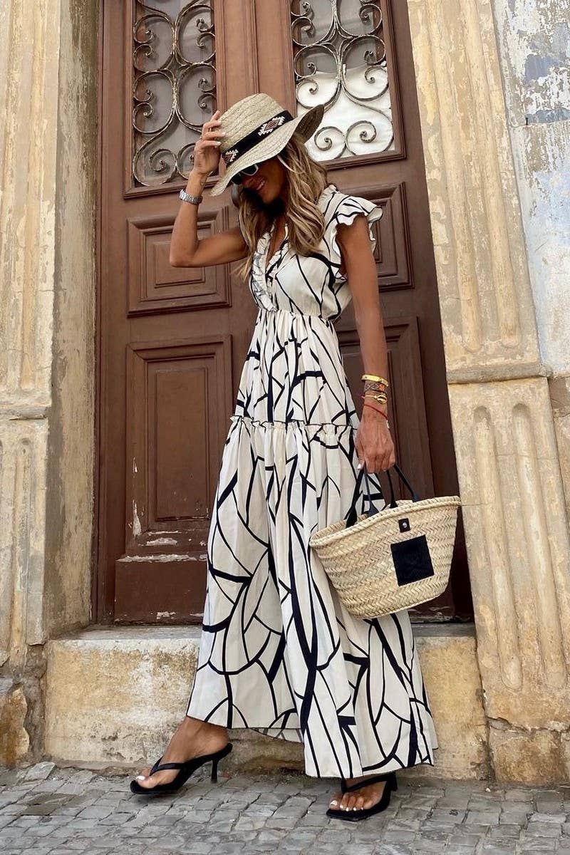 CWDMD5847_GEOMETRIC PRINT V-NECK RUFFLED LONG SKIRT