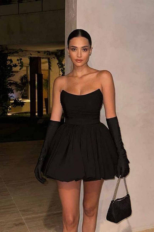 CWDTD0473_RUCHED STRAPLESS LITTLE BLACK A-LINE DRESS