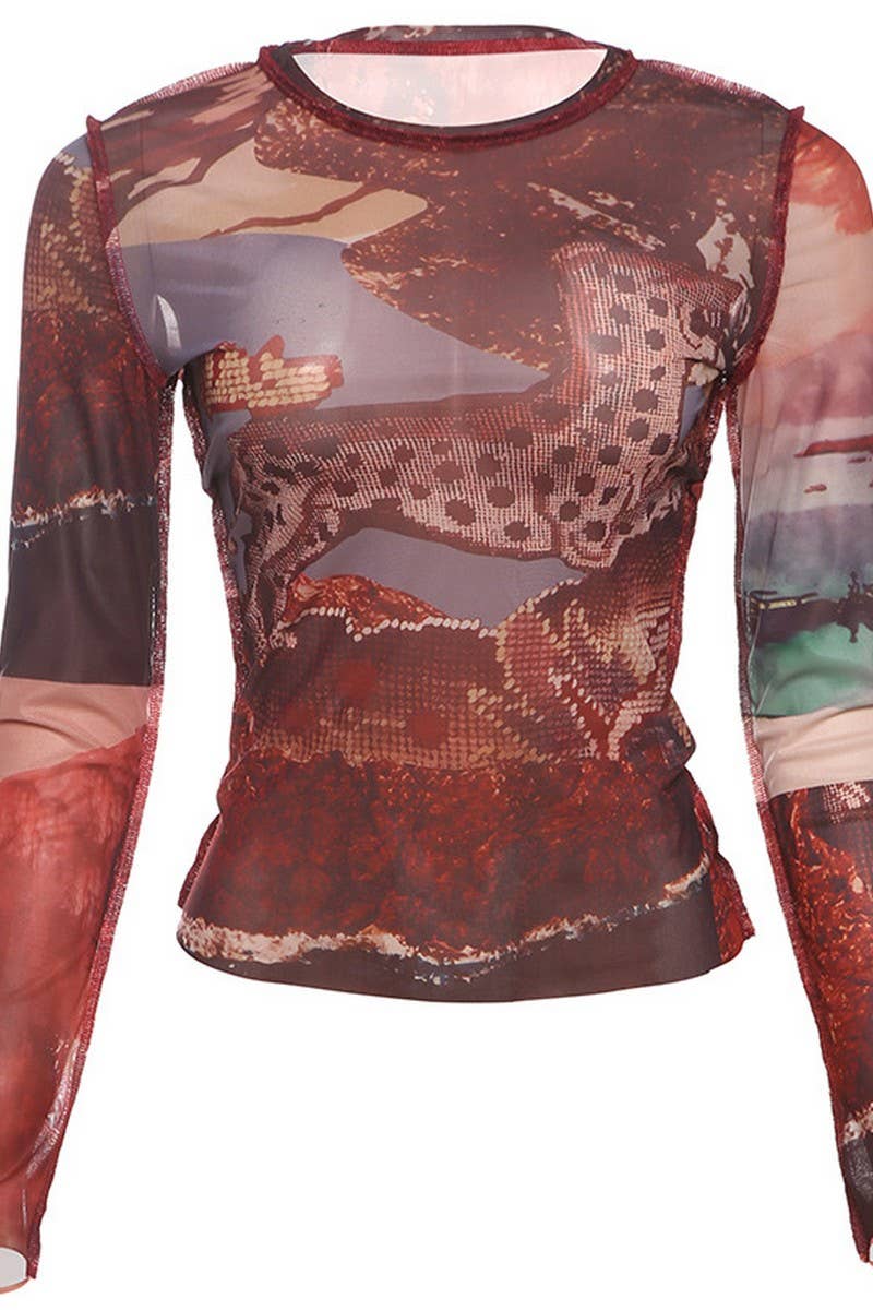 CWTTL2063_LONG-SLEEVED MESH ABSTRACT PRINT SLIM FIT T-SHIRT