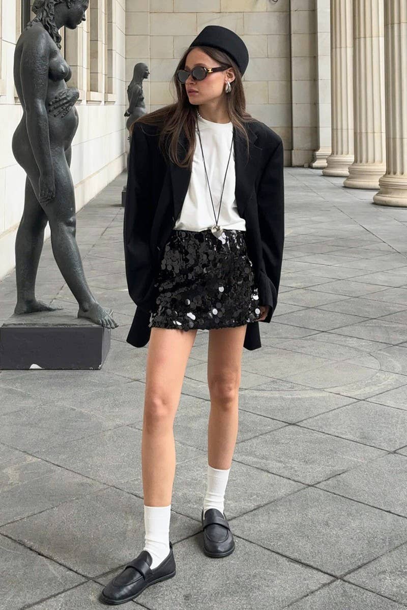 CWBSS0349_HIGH WAIST SOLID COLOR SEQUINED MINI SKIRT