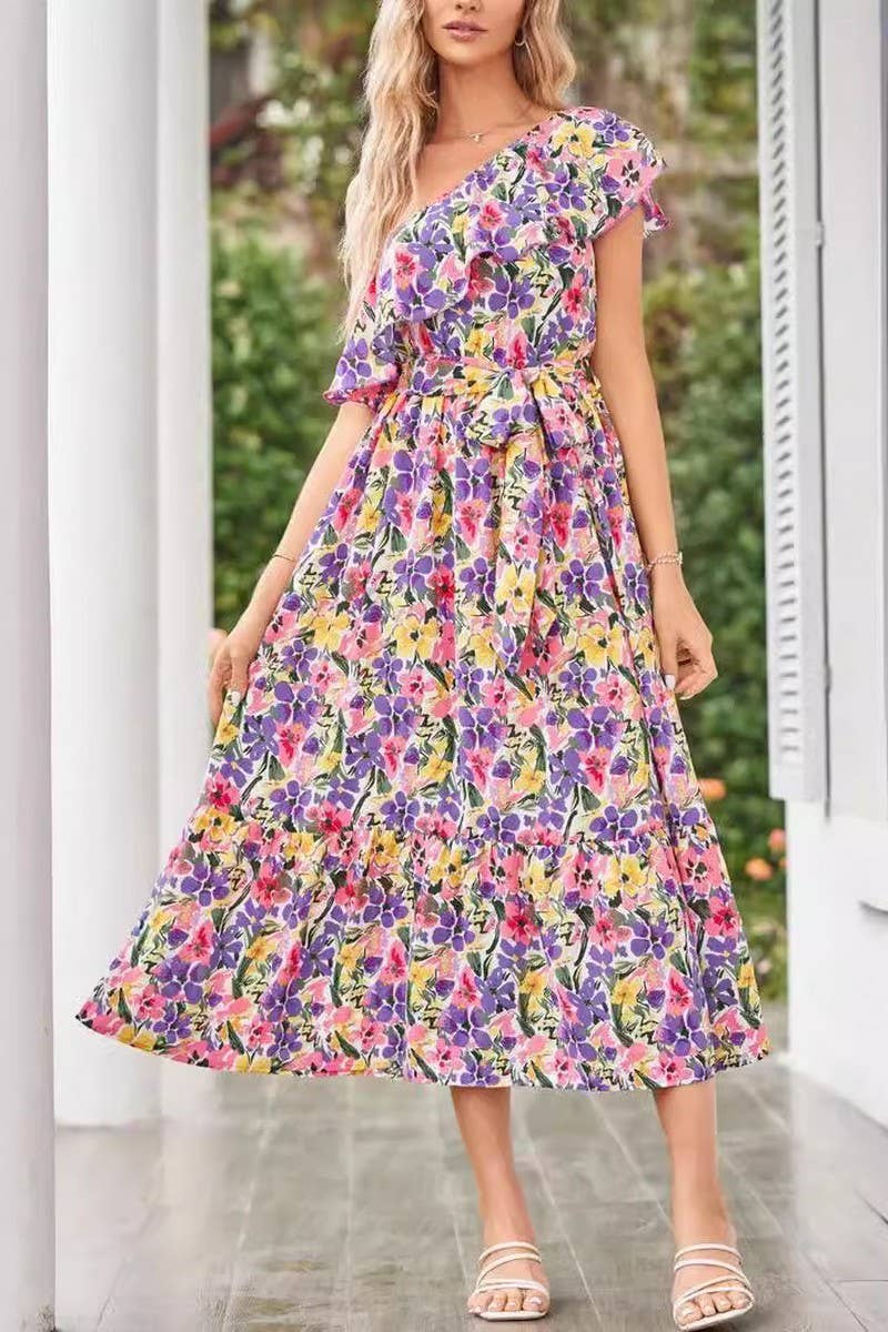 CWDMD4123_ONE-SHOULDER PRINTED TIE-NECK RUFFLE DRESS