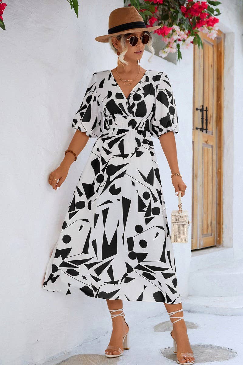 CWDMD2751_V NECK GEOMETRIC PRINT DRESS