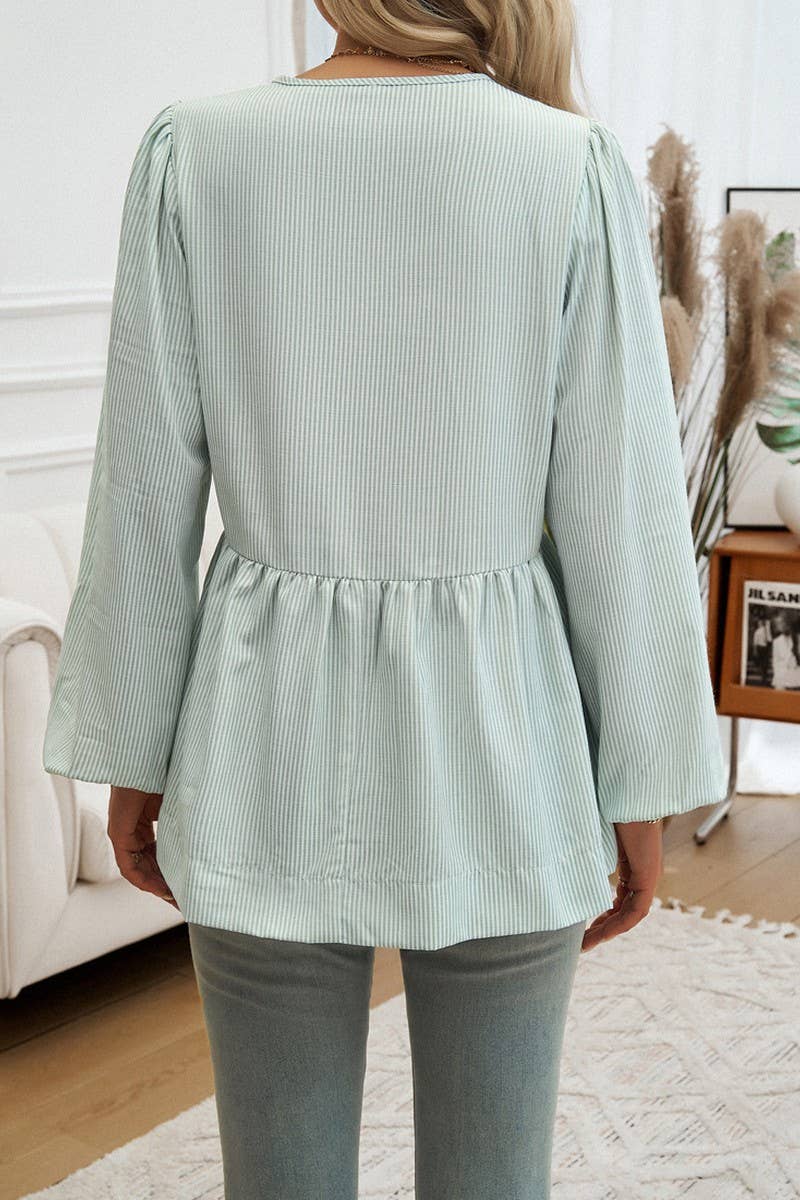 CWTSTL2742_CASUAL LOOSE STRIPED LANTERN SLEEVE TIE SHIRT