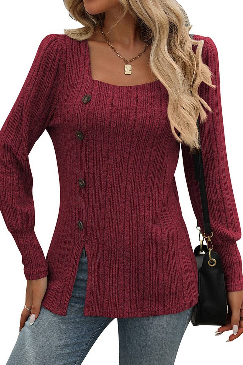 CWOSWL6829_SQUARE NECK BRUSHED SOLID COLOR LONG SLEEVE TOP