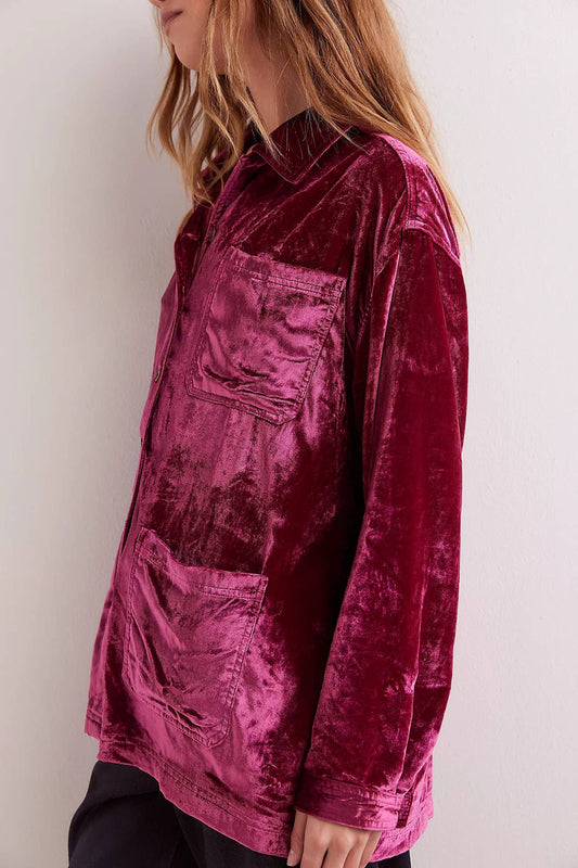 BUTTON-POCKET LOOSE VELVET LONG-SLEEVED SHIRT