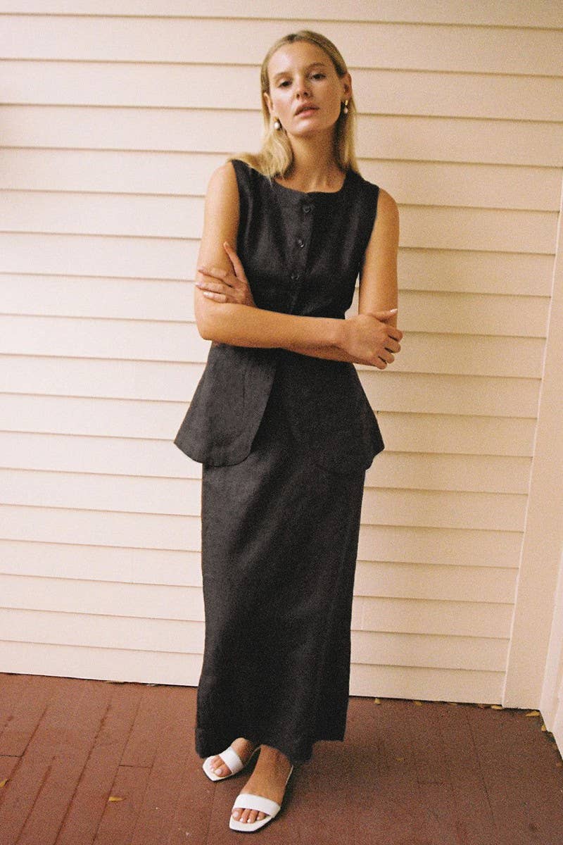 CWSS1141_LINEN SLEEVELESS TANK TOP & HIGH WAIST SKIRT SET