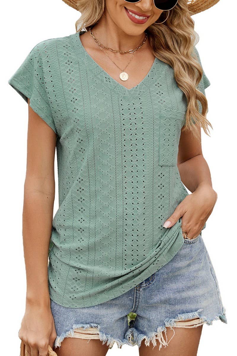 CWTBLS2283_V-NECK RUCHED SIDE POCKET SHORT SLEEVE TEE