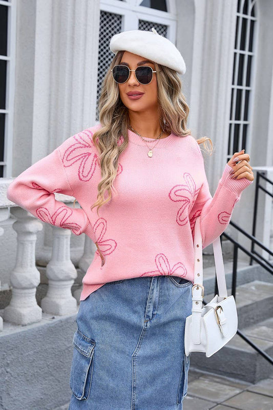 CWOSWL3099_FLORAL LONG SLEEVE CREW NECK SWEATER