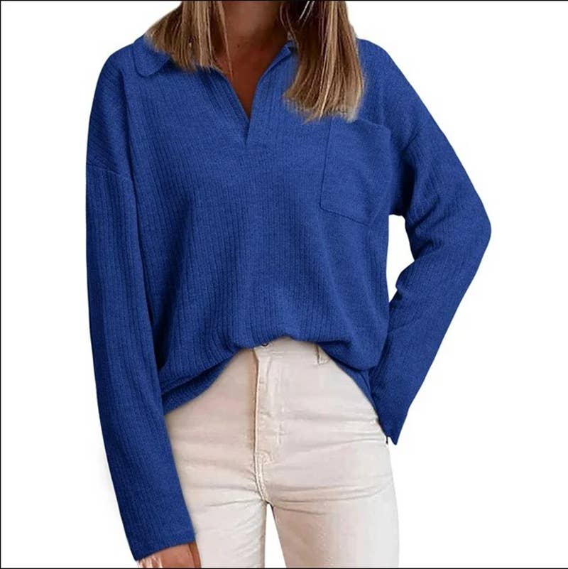 CASUAL BAGGY SOLID COLOR LAPEL POCKET SWEATER