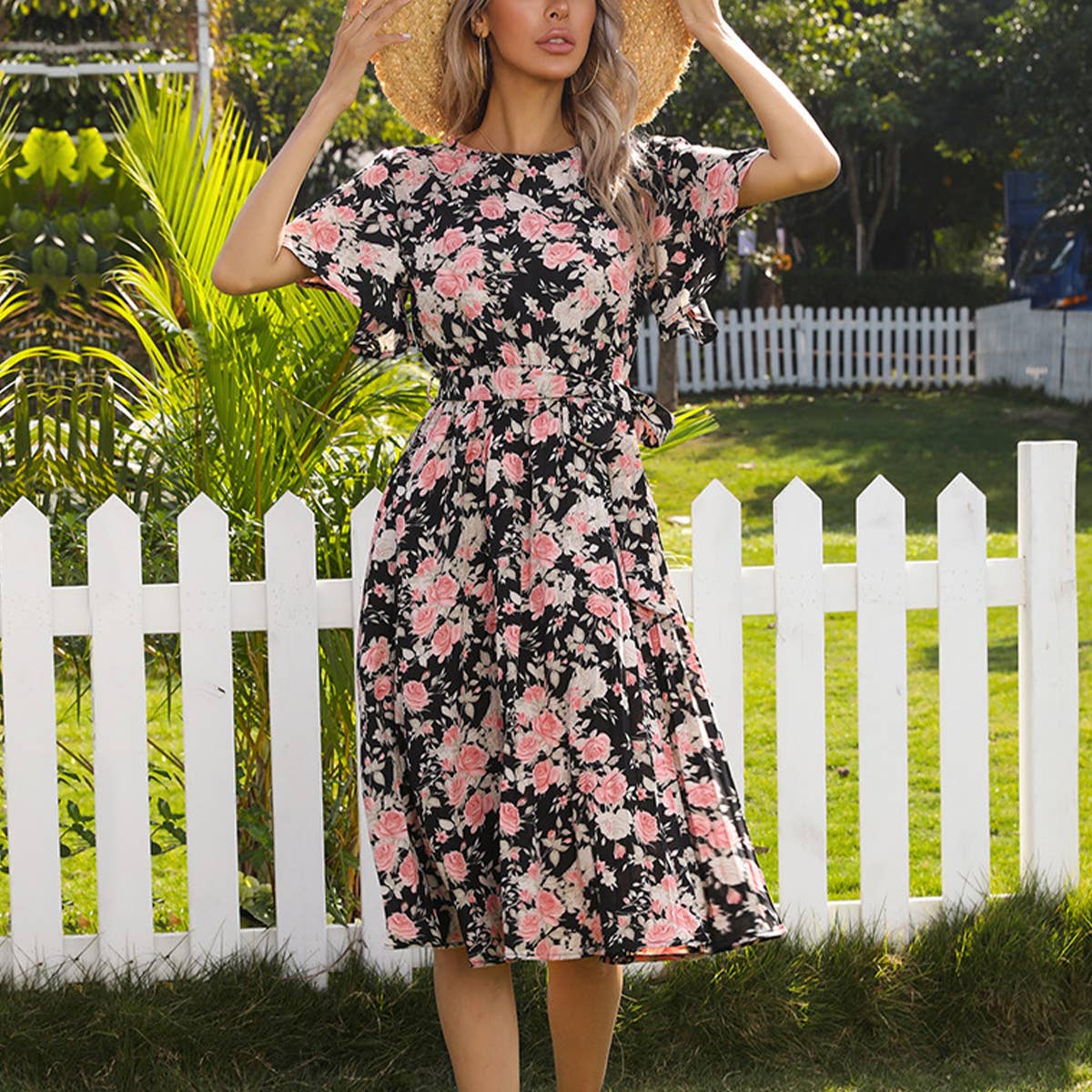FLORAL CREW NECK LACE-UP PLEATED DRESS