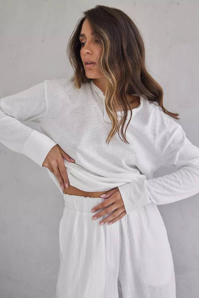 CWSPJ0366_KNITTED WHITE LONG-SLEEVED TROUSERS PAJAMA SET
