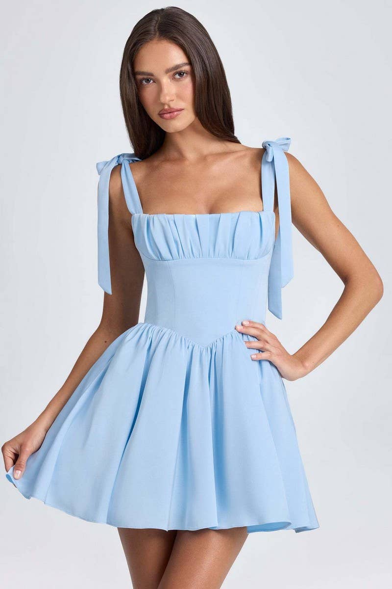 CWDSD8121_SQUARE NECK HIGH WAIST PLEATED BOW SLIP DRESS