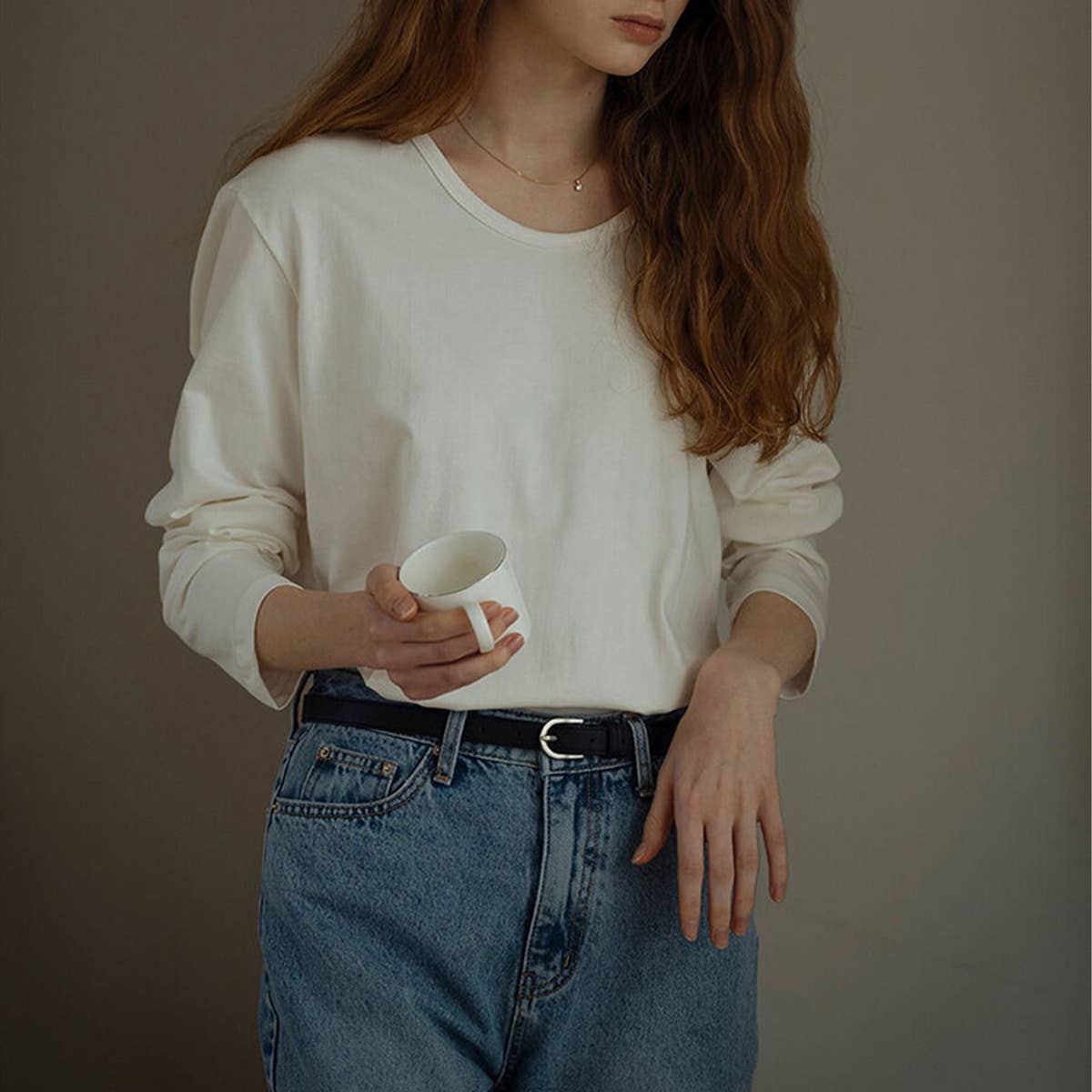 Cotton round-neck off-the-shoulder sleeve shirt