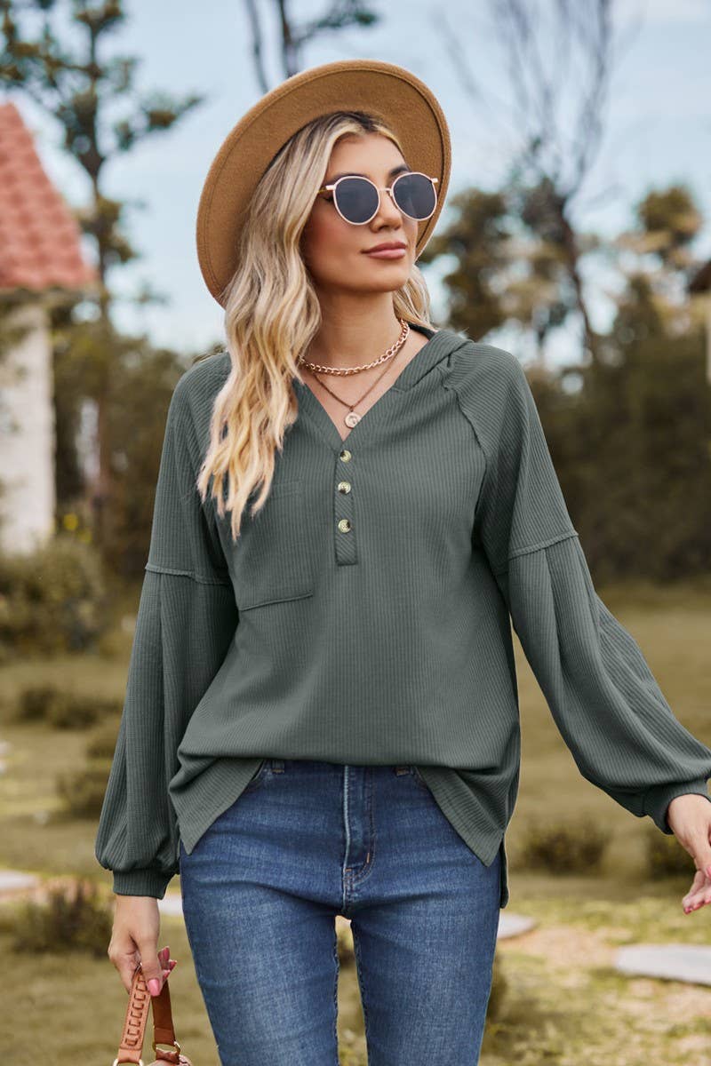 CWOHOL1095_NEW HOODED BUTTON LOOSE LONG-SLEEVED SWEATSHIRT