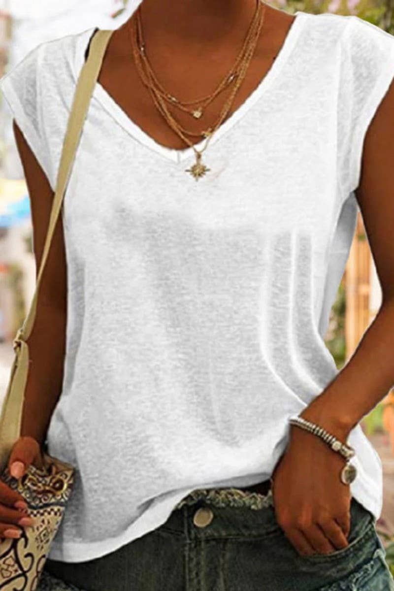 CWTTSL0257_SOLID COLOR V-NECK LOOSE SLEEVELESS T-SHIRT