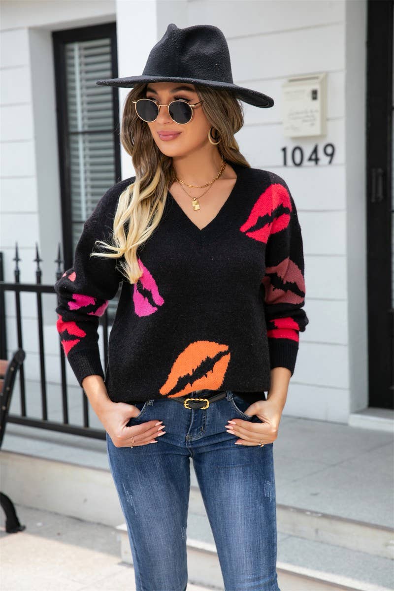 CWOSWL3165_LIPS PRINT VALENTINE'S DAY V-NECK KNIT SWEATER