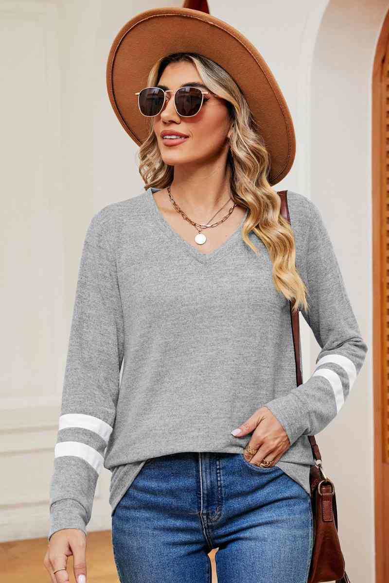 CWOSWL6552_V-NECK LONG SLEEVE STRIPED COLOR MATCHING TOP