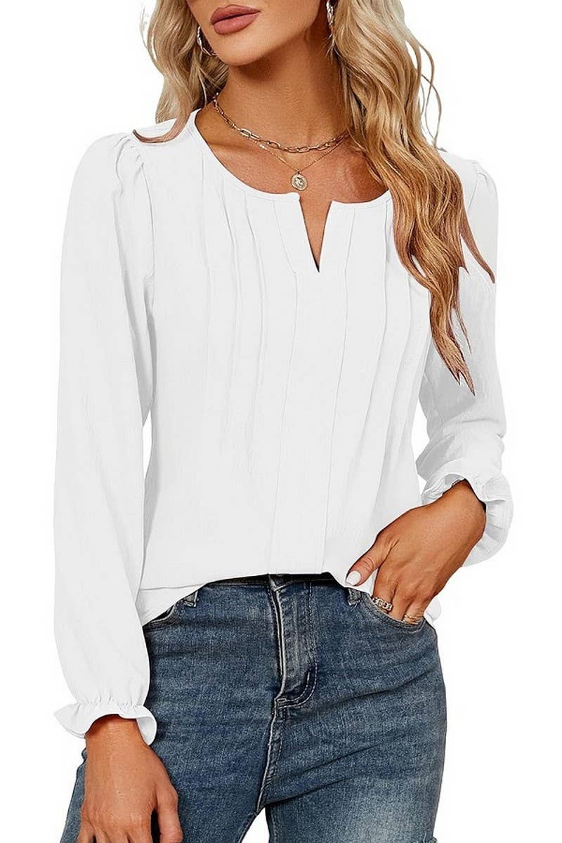 CWTBLL4004_SOLID V-NECK LONG SLEEVE PLEATED CHIFFON BLOUSE