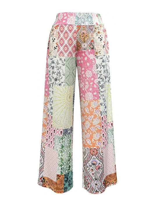 Bohemian print straight-leg wide-leg pants
