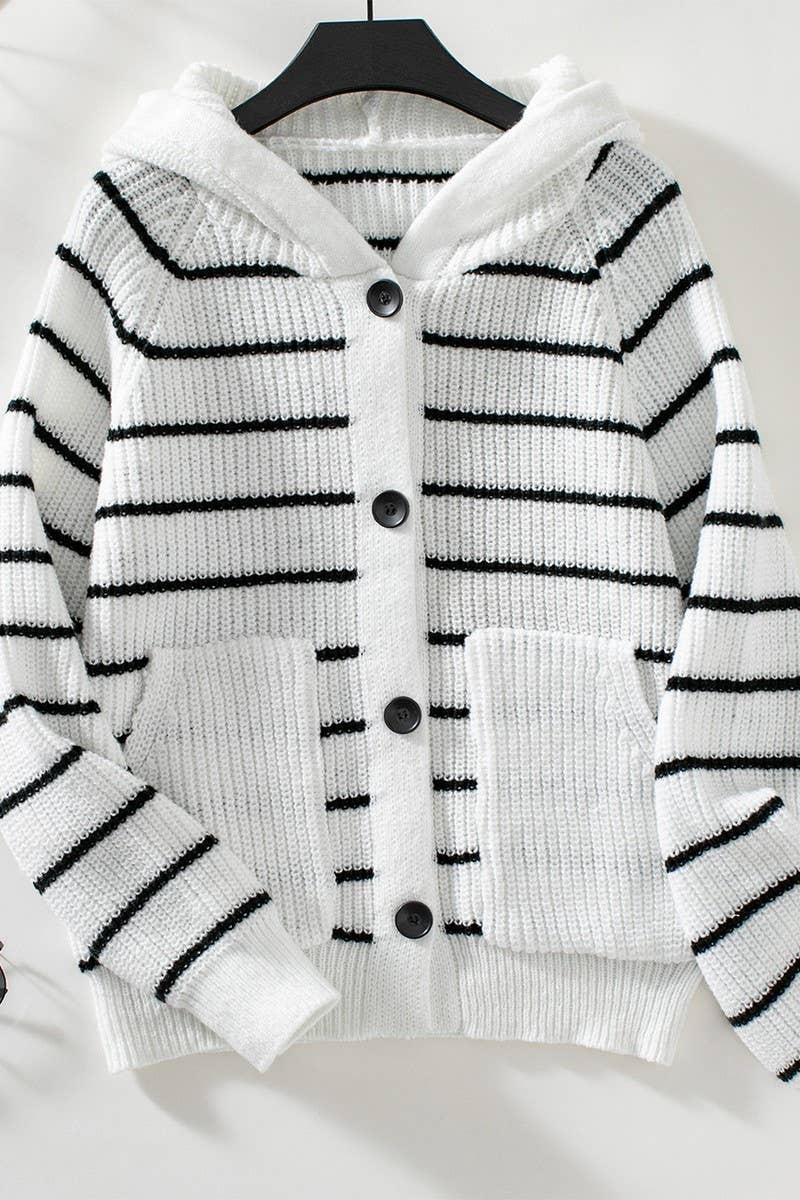 CWOCAL0851_HOODED POCKET STRIPED KNITTED CARDIGAN