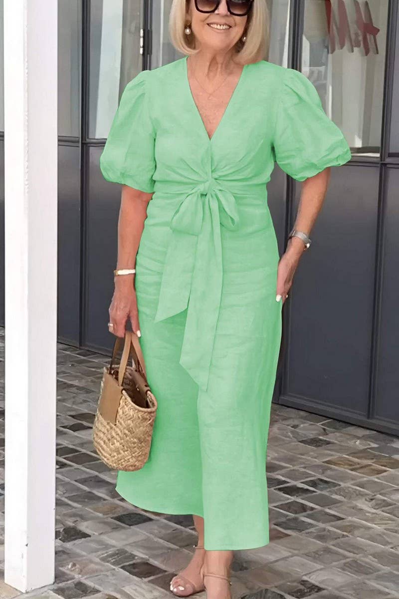 CWDMD4156_V-NECK TIE PUFF SLEEVE SHORT-SLEEVED DRESS