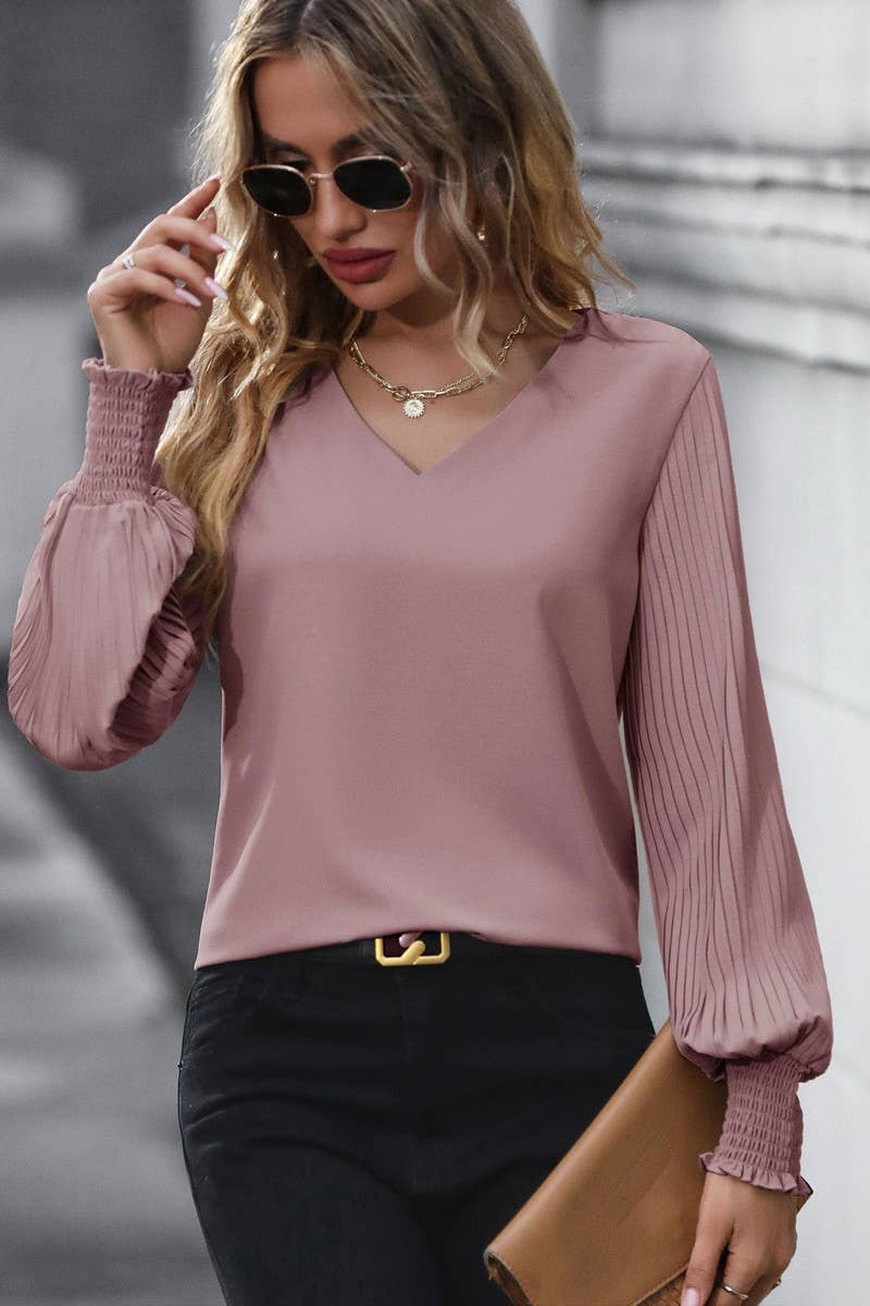 CWTBLL1722_V-NECK SOLID COLOR LONG SLEEVE SHIRT
