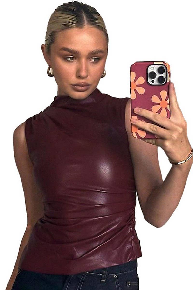 CWTBLSL01040_SLEEVELESS SLIM FIT ASYMMETRICAL LEATHER TOP