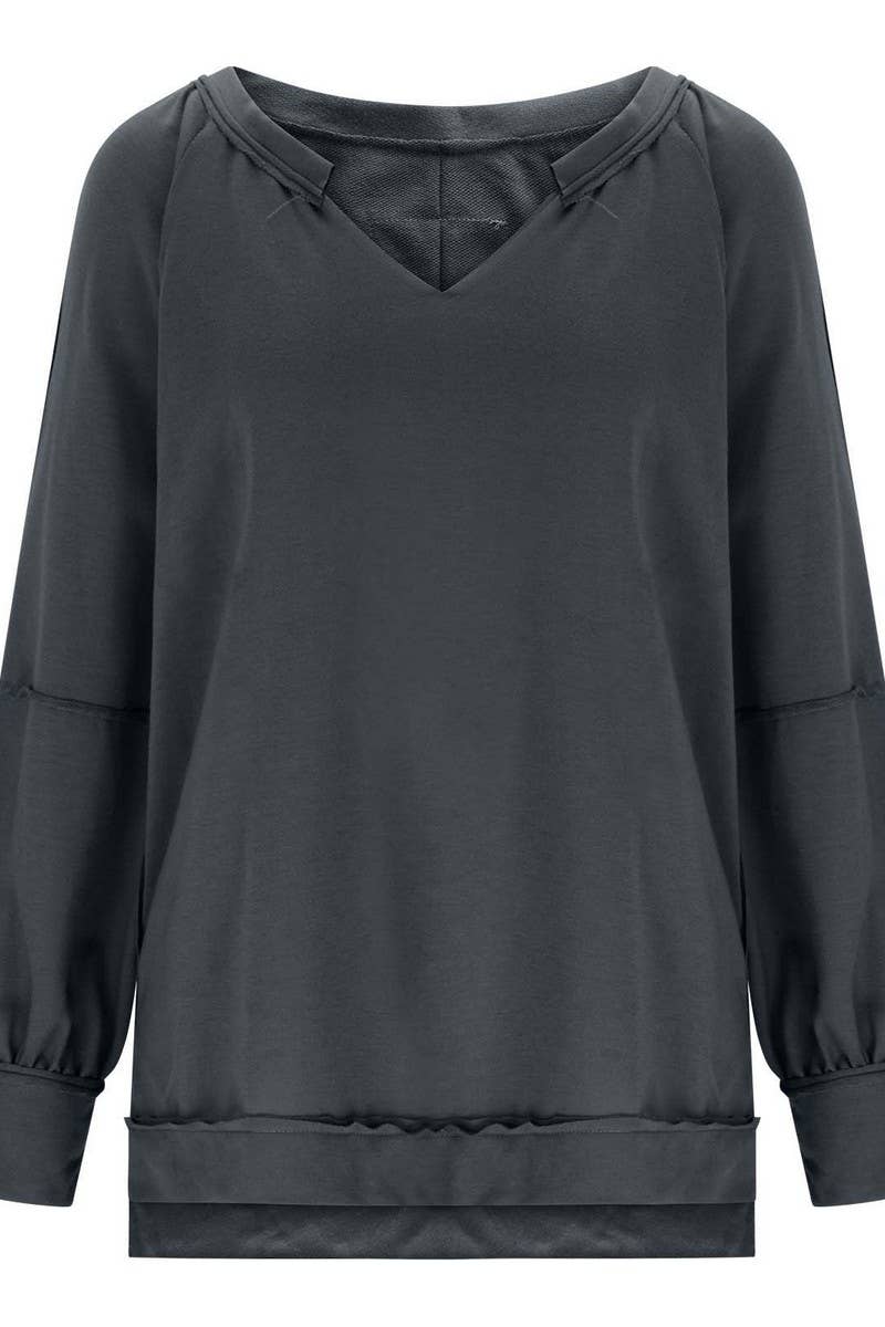 CWTBLL3940_LOOSE SOLID V-NECK ASYMMETRICAL LONG SLEEVE TEE