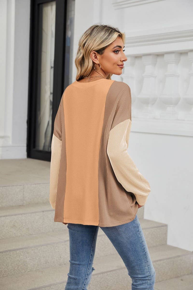 CWTBLL2358_ROUND NECK LOOSE STITCHING LONG SLEEVE TOP