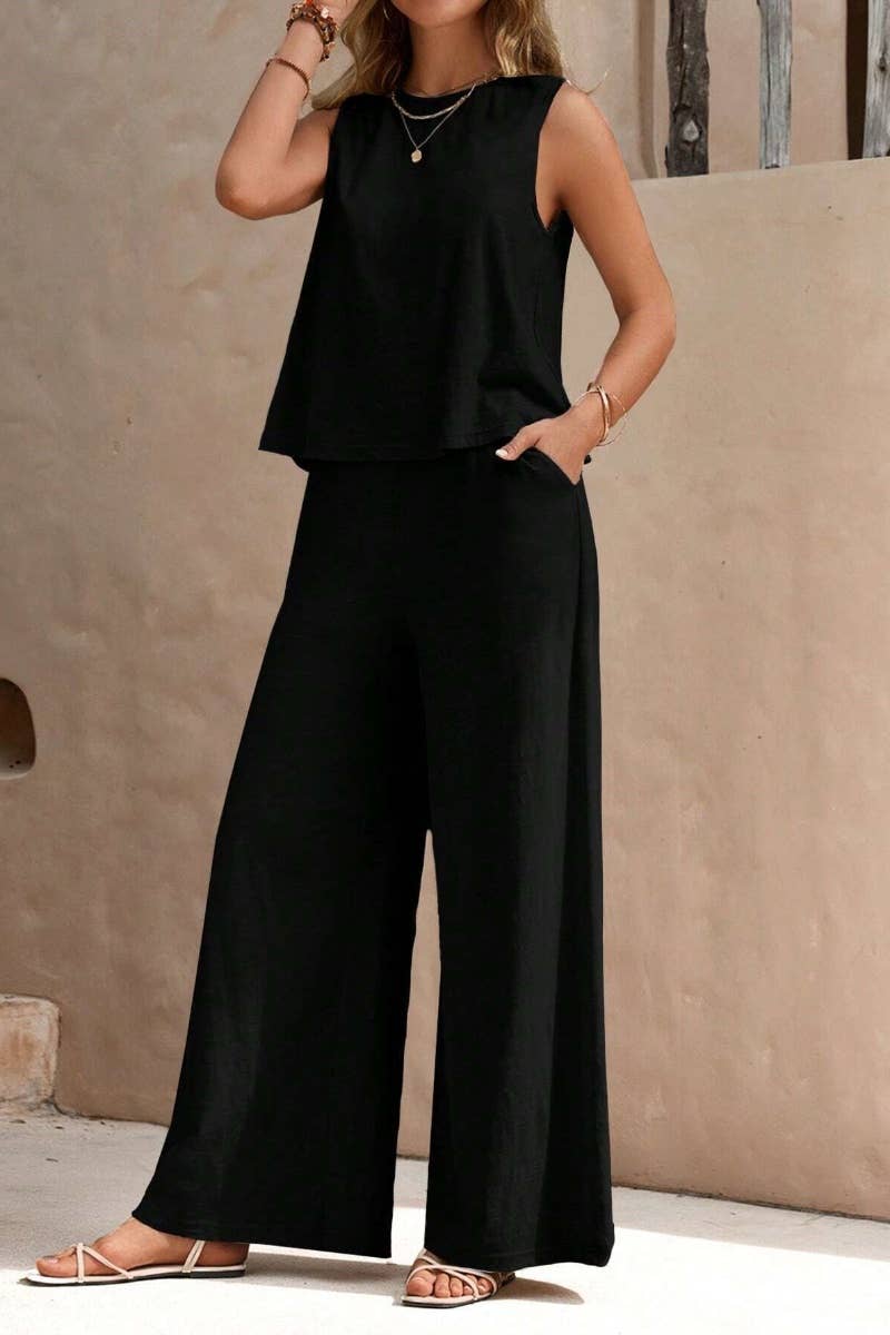 CWSS0639_SUMMER CREW NECK SLEEVELESS TOP PANTS SUIT