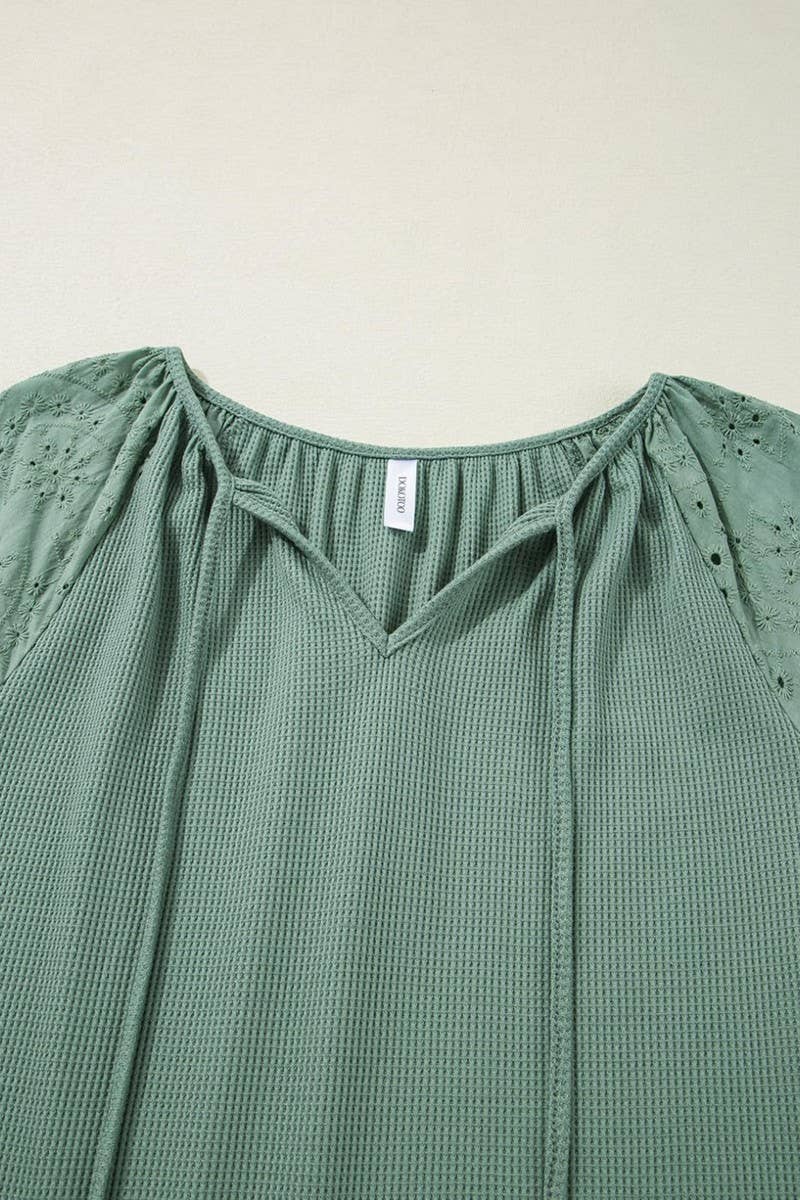 CWOHOS0021_SUMMER DRAWSTRING HOLLOW V-NECK SLEEVE T-SHIRT