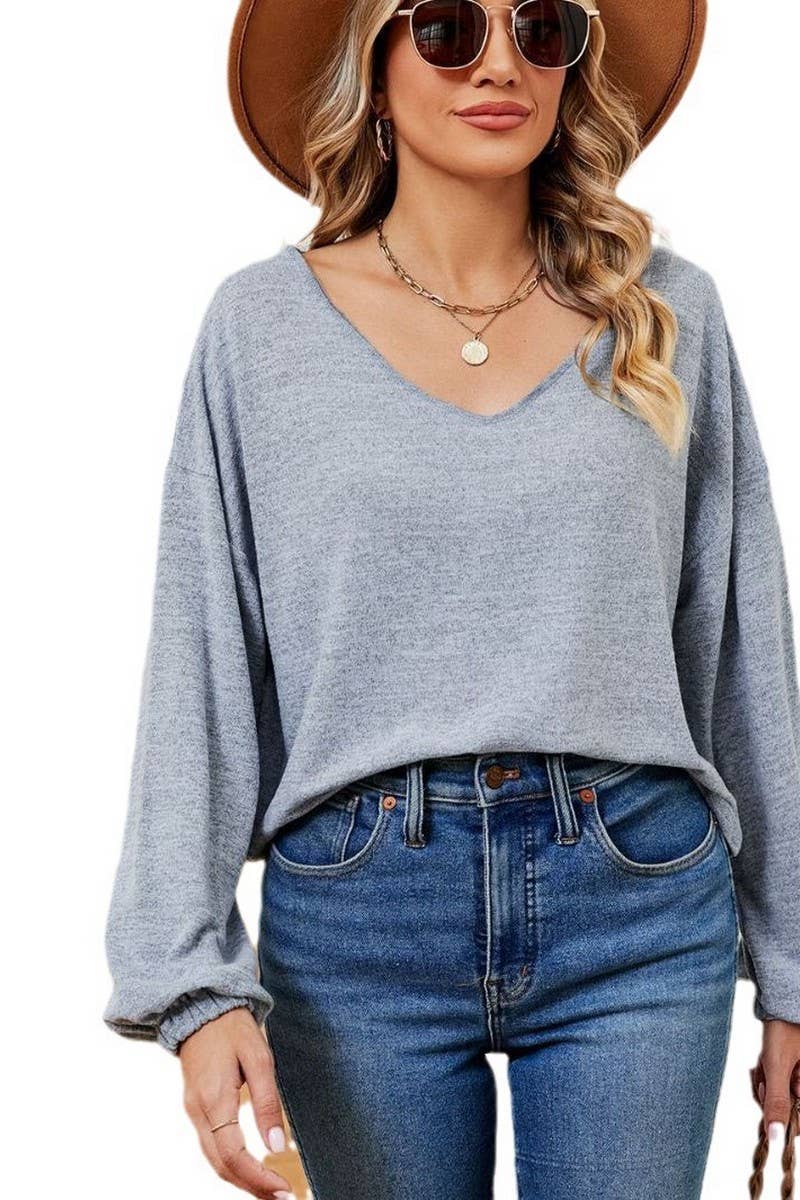CWTBLL2402_SOLID COLOR V-NECK LONG-SLEEVED CROPPED TOP