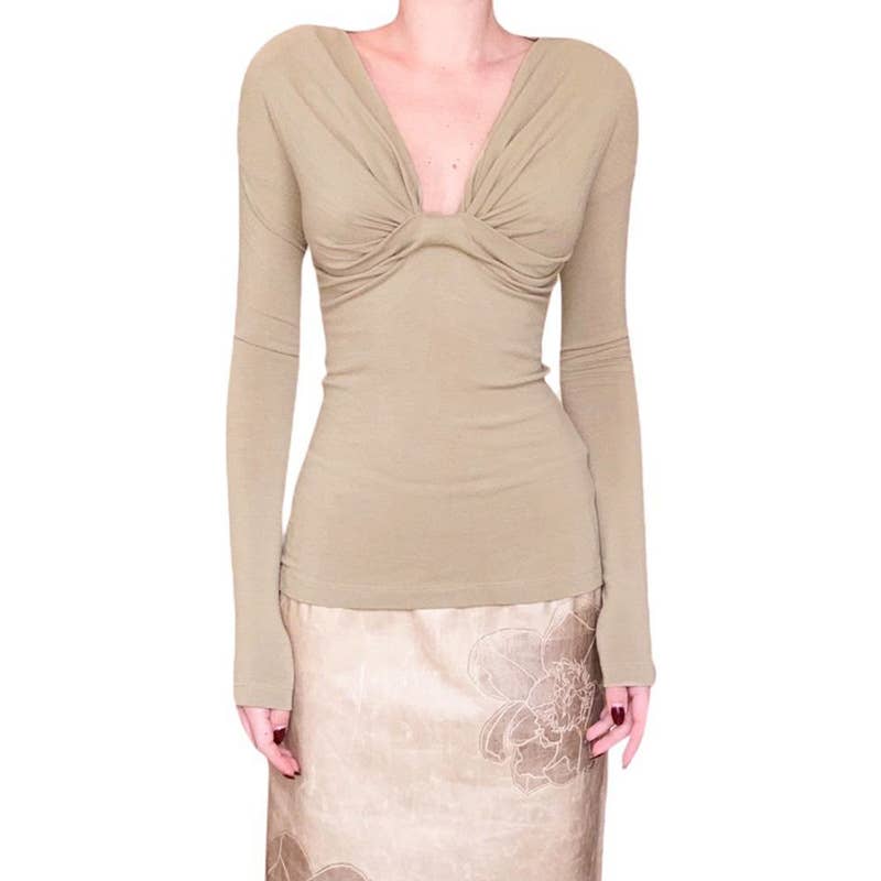 DEEP V-NECK CHEST PLEATED SLIM-FIT T-SHIRT