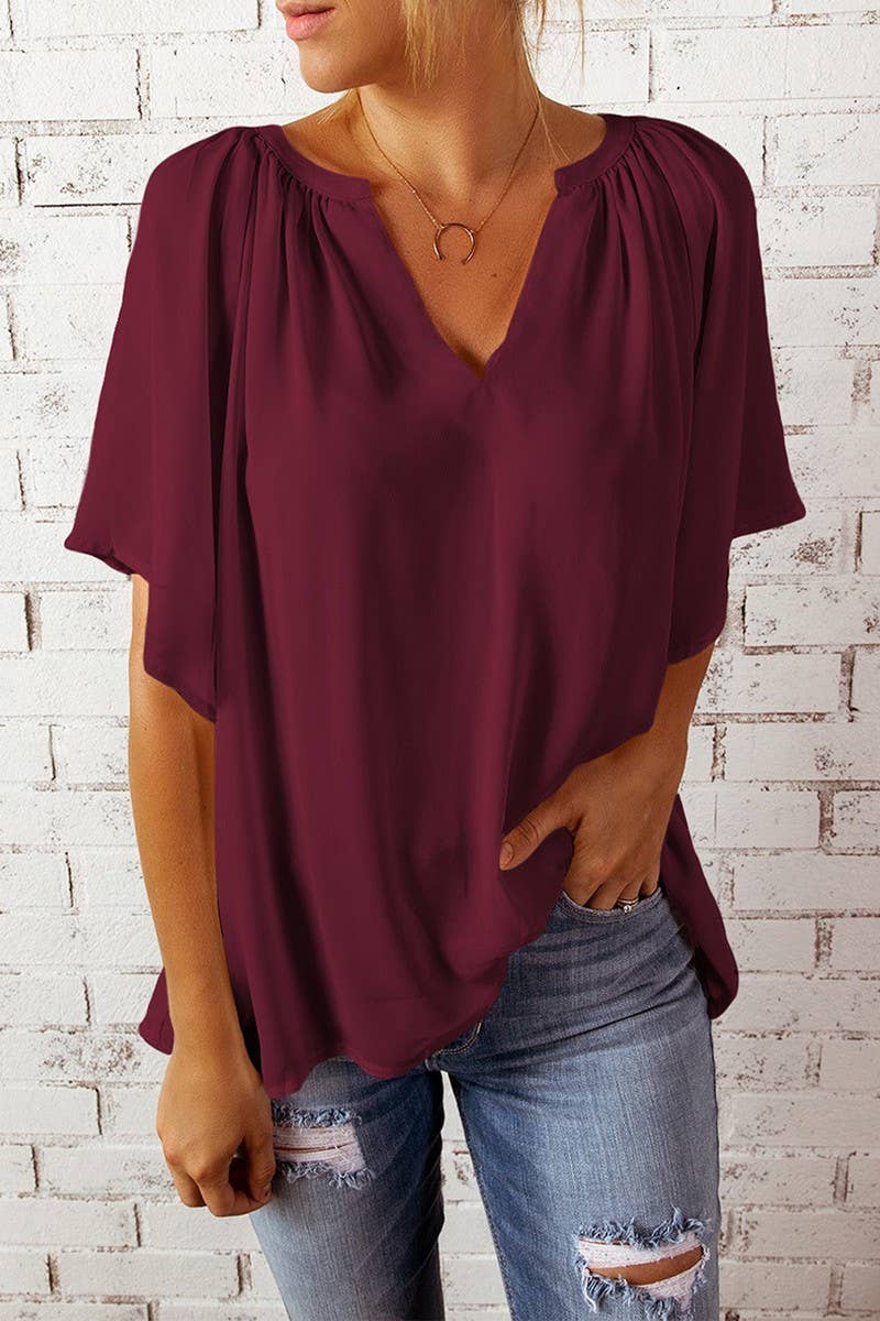 CWTBLS1790_SOLID COLOR LOOSE V-NECK T-SHIRT CHIFFON SHIRT