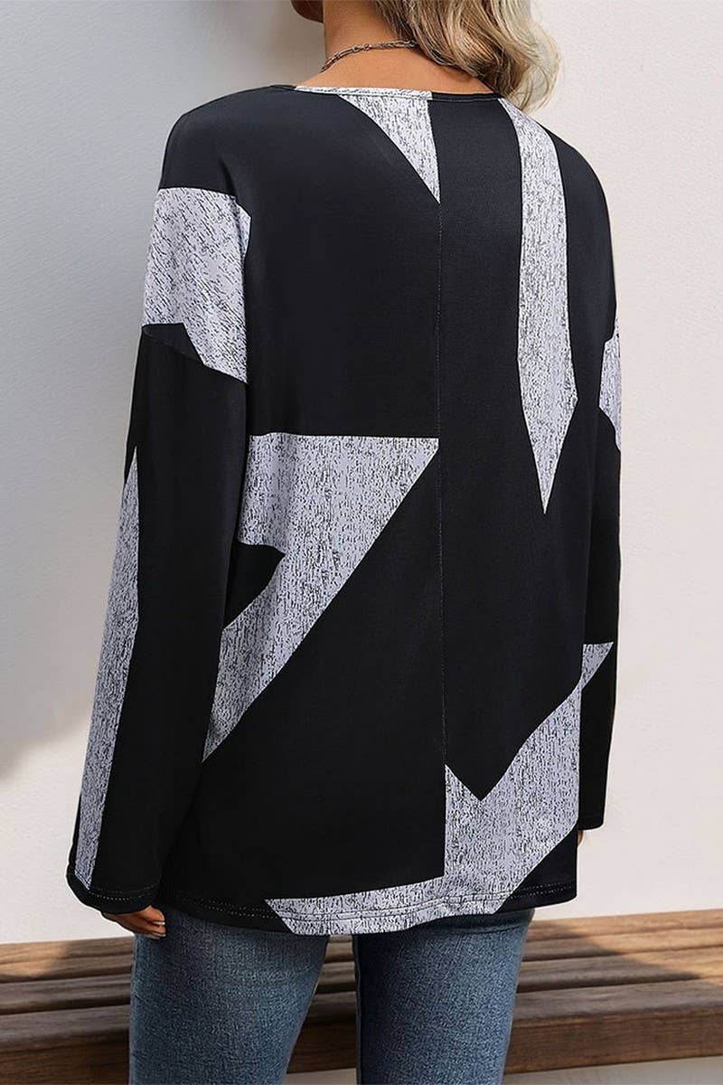 CWTHT0157_NEW LONG-SLEEVED CASUAL LOOSE COLOR-BLOCKED TOP