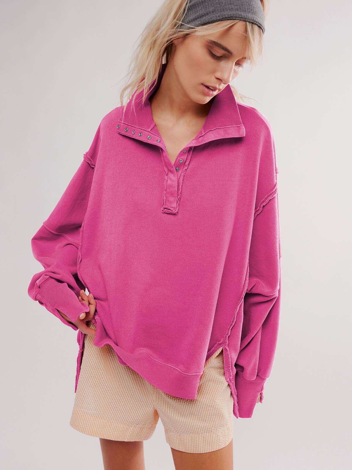 DESIGN SENSE SLIT LANTERN SLEEVE POLO COLLARHOODIE