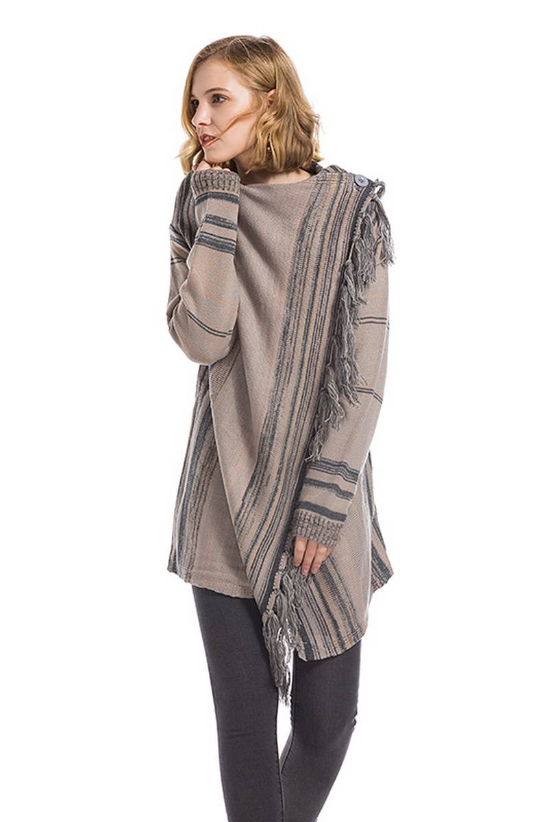 CWOCAL0945_STRIPED LOOSE IRREGULAR TASSEL KNITTED CARDIGAN
