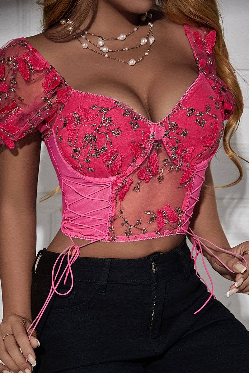 CWTBLS0491_DEEP V-NECK SHORT SLEEVE SEXY MESH PRINT TOP